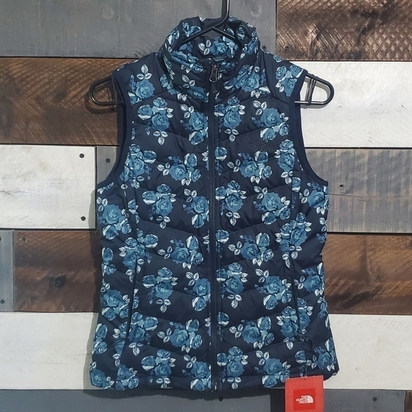 The North Face Flare Down Navy Blue Floral Flower Coupe Slim Fit Goose Vest XS - Picture 1 of 16